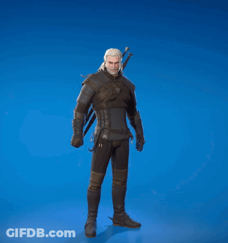 A Man With A Beard And A Sword On His Back Stands On A Blue Background GIF