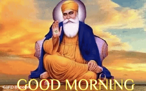 A Man With A Beard And A Turban Is Sitting In A Chair With The Words `` Good Morning '' Below Him . GIF