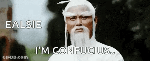 A Man With A Beard And A White Hat Is Saying `` Ealsie I 'M Confucius '' GIF