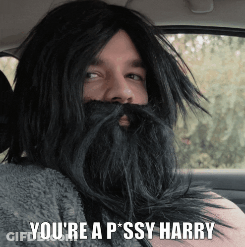 A Man With A Beard And A Wig Says You 'Re A P * Ssy Harry GIF