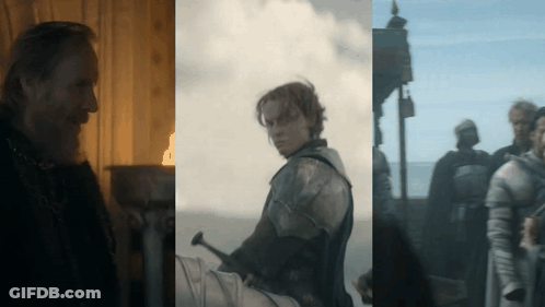 A Man With A Beard And A Woman In Armor Are Shown GIF