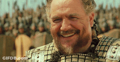A Man With A Beard And Armor Is Smiling In Front Of A Crowd Of People . GIF