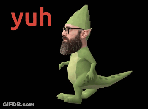 A Man With A Beard And Glasses Dressed As A Dinosaur With The Word Yuh Above Him GIF