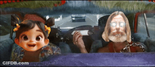 A Man With A Beard And Glasses Is Driving A Car Next To A Girl With Pigtails GIF