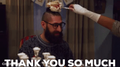Man With Beard And Glasses Gets Cake On Head Says Thank You GIF