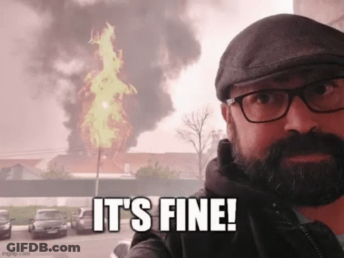 A Man With A Beard And Glasses Is Taking A Selfie With A Fire In The Background And The Caption It 'S Fine GIF