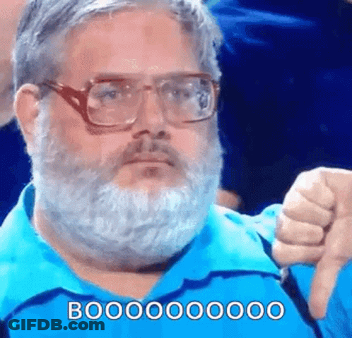 A Man With A Beard And Glasses Is Wearing A Blue Shirt And Giving A Thumbs Down Sign . GIF