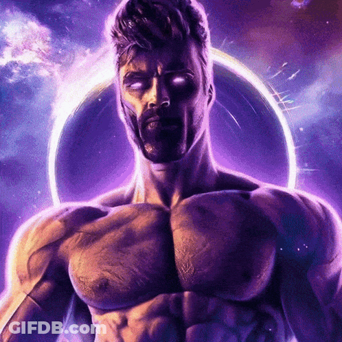 A Man With A Beard And Glowing Eyes Stands In Front Of A Purple Background GIF