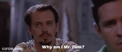 A Man With A Beard And Mustache Is Asking Why Am I Mr. Pink GIF