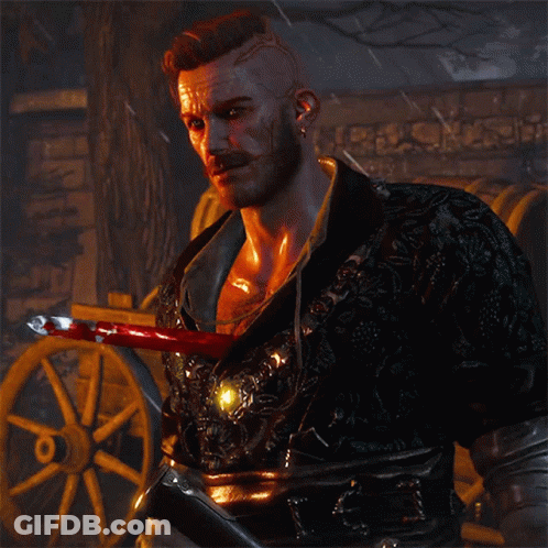 A Man With A Beard And Mustache Is Holding A Bloody Sword GIF