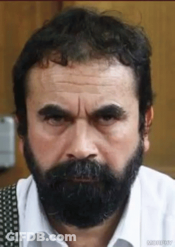 A Man With A Beard And Mustache Is Looking At The Camera . GIF
