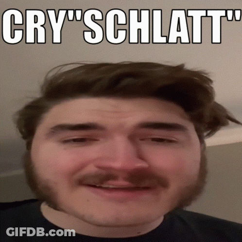 A Man With A Beard And Mustache Is Making A Funny Face With The Caption Cry Schlatt GIF