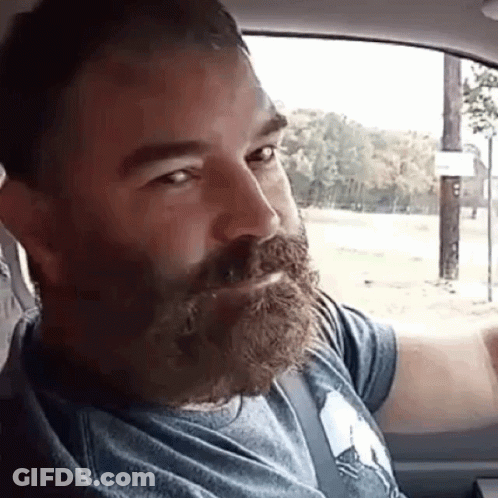 A Man With A Beard And Mustache Is Sitting In A Car . GIF