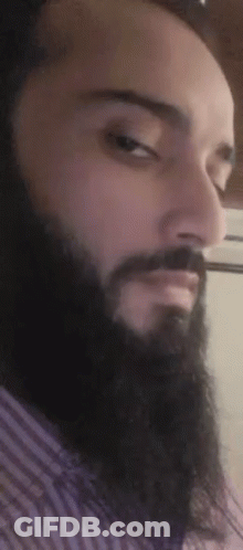 A Man With A Beard And Mustache Is Wearing A Striped Shirt And Looking At The Camera . GIF