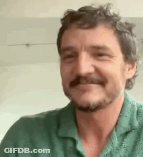 A Man With A Beard And Mustache Wearing A Green Shirt Is Smiling . GIF