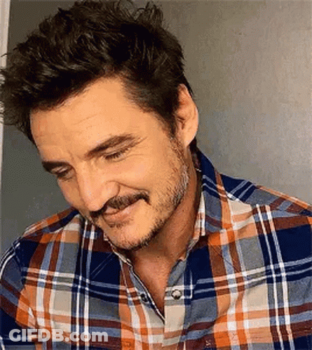 A Man With A Beard And Mustache Wearing A Plaid Shirt Is Smiling . GIF