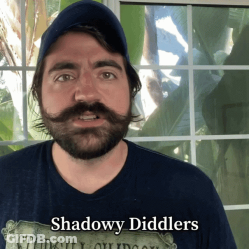 A Man With A Beard And Mustache Wears A Shirt That Says Shadowy Diddlers GIF
