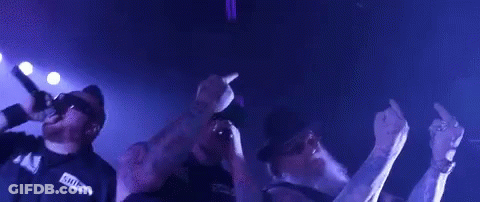 A Man With A Beard And Sunglasses Is Singing Into A Microphone While Another Man Stands Behind Him . GIF