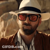 A Man With A Beard And Sunglasses Is Wearing A Hat And Jacket . GIF