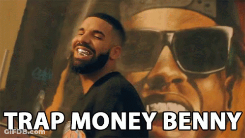 A Man With A Beard And Sunglasses Says " Trap Money Benny " In Front Of A Painting GIF