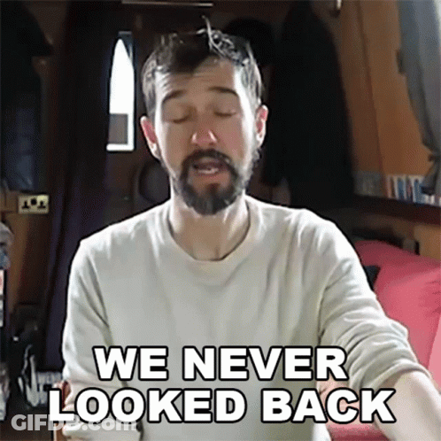 A Man With A Beard And Sunglasses Says We Never Looked Back GIF