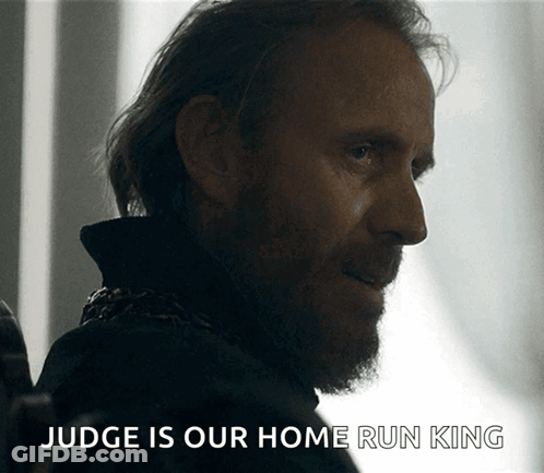 A Man With A Beard And The Words Judge Is Our Home Run King On The Bottom GIF