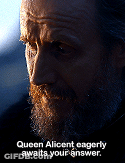A Man With A Beard And The Words Queen Alicent Eagerly Awaits Your Answer On The Bottom GIF
