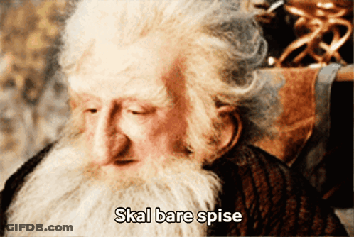 A Man With A Beard And The Words Skal Bare Spise Written Below Him GIF