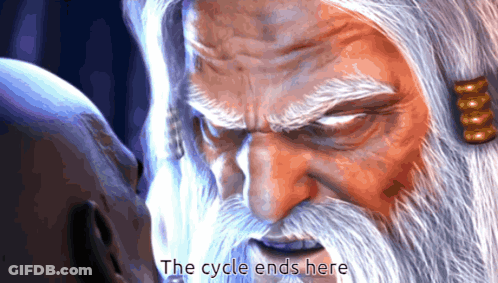 A Man With A Beard And The Words " The Cycle Ends Here " GIF