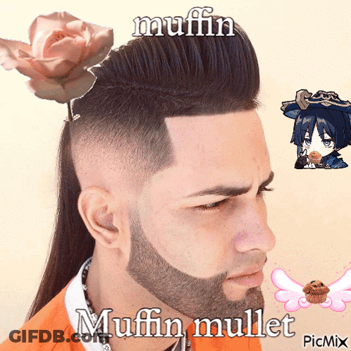 A Man With A Beard Has A Muffin Mullet On His Head GIF
