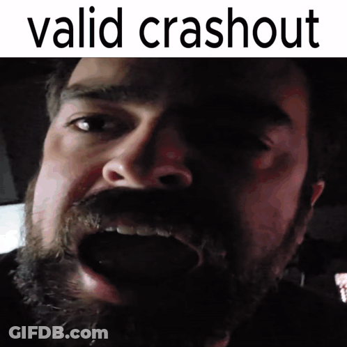 A Man With A Beard Has His Mouth Open And The Words Valid Crashout Written Above Him GIF