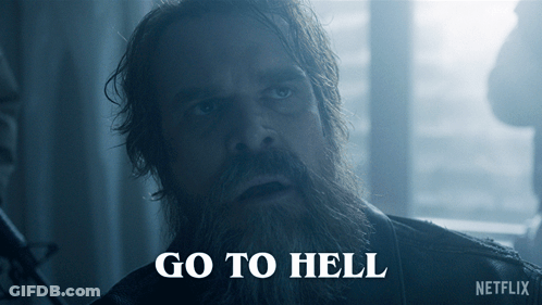 A Man With A Beard Has The Words Go To Hell Written On His Face GIF