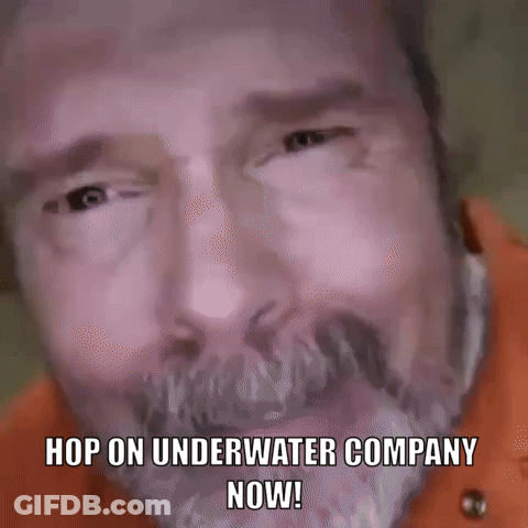 A Man With A Beard Has The Words Hop On Underwater Company Now On His Face GIF