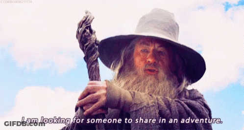 A Man With A Beard Holds A Cane And Says I Am Looking For Someone To Share In An Adventure GIF