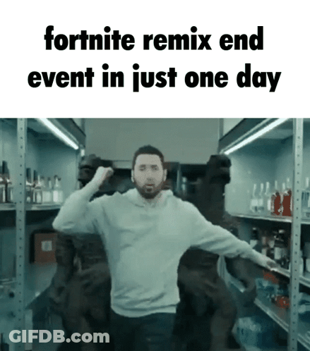 A Man With A Beard Is Dancing In A Store With The Words Fortnite Remix End Event In Just One Day GIF