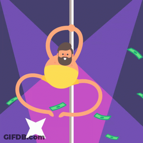 A Man With A Beard Is Dancing On A Pole With Money Around Him GIF