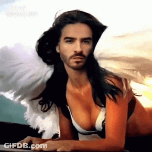 A Man With A Beard Is Dressed As A Woman With Wings GIF