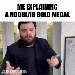 A Man With A Beard Is Explaining A Nooblab Gold Medal . GIF