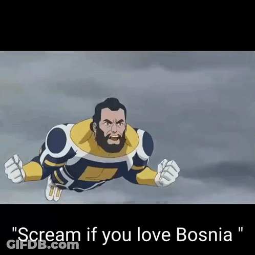 A Man With A Beard Is Flying In The Air With The Words " Scream If You Love Bosnia " Below Him GIF