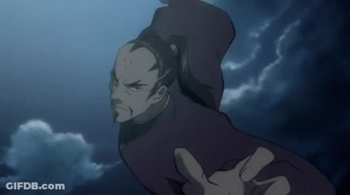 A Man With A Beard Is Flying Through The Air With His Hand Outstretched In Front Of A Cloudy Sky . GIF