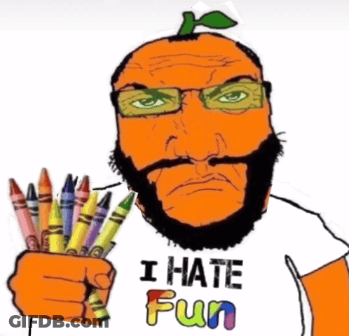 A Man With A Beard Is Holding A Bunch Of Crayons And Wearing A Shirt That Says " I Hate Fun " GIF