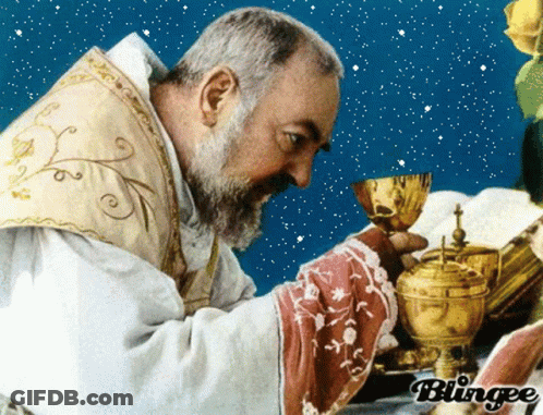A Man With A Beard Is Holding A Chalice With The Word Blingee On The Bottom Right GIF