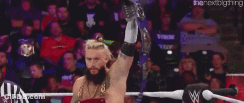 A Man With A Beard Is Holding A Championship Belt In The Air . GIF