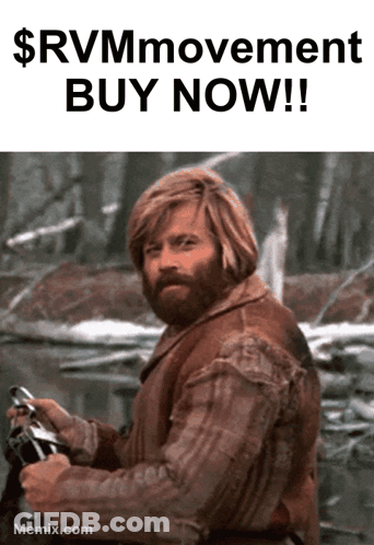 A Man With A Beard Is Holding A Gun In Front Of A Sign That Says $ Rvm Movement Buy Now ! GIF
