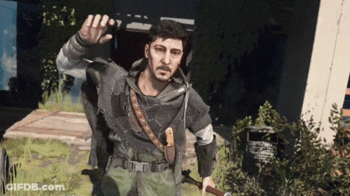 A Man With A Beard Is Holding A Knife And Waving GIF