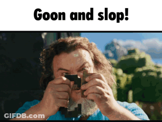 A Man With A Beard Is Holding A Piece Of Wood With The Words Goon And Stop Below Him GIF