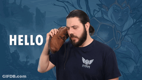 A Man With A Beard Is Holding A Shoe In Front Of A Blue Background That Says I Can 'T Hear You On It GIF