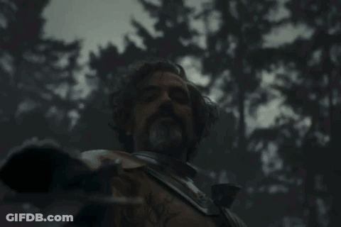 A Man With A Beard Is Holding A Sword In A Dark Forest GIF