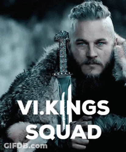 A Man With A Beard Is Holding A Sword With The Words Vikings Squad Written Below Him GIF