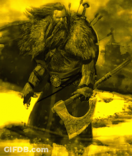 A Man With A Beard Is Holding An Axe And A Shield GIF